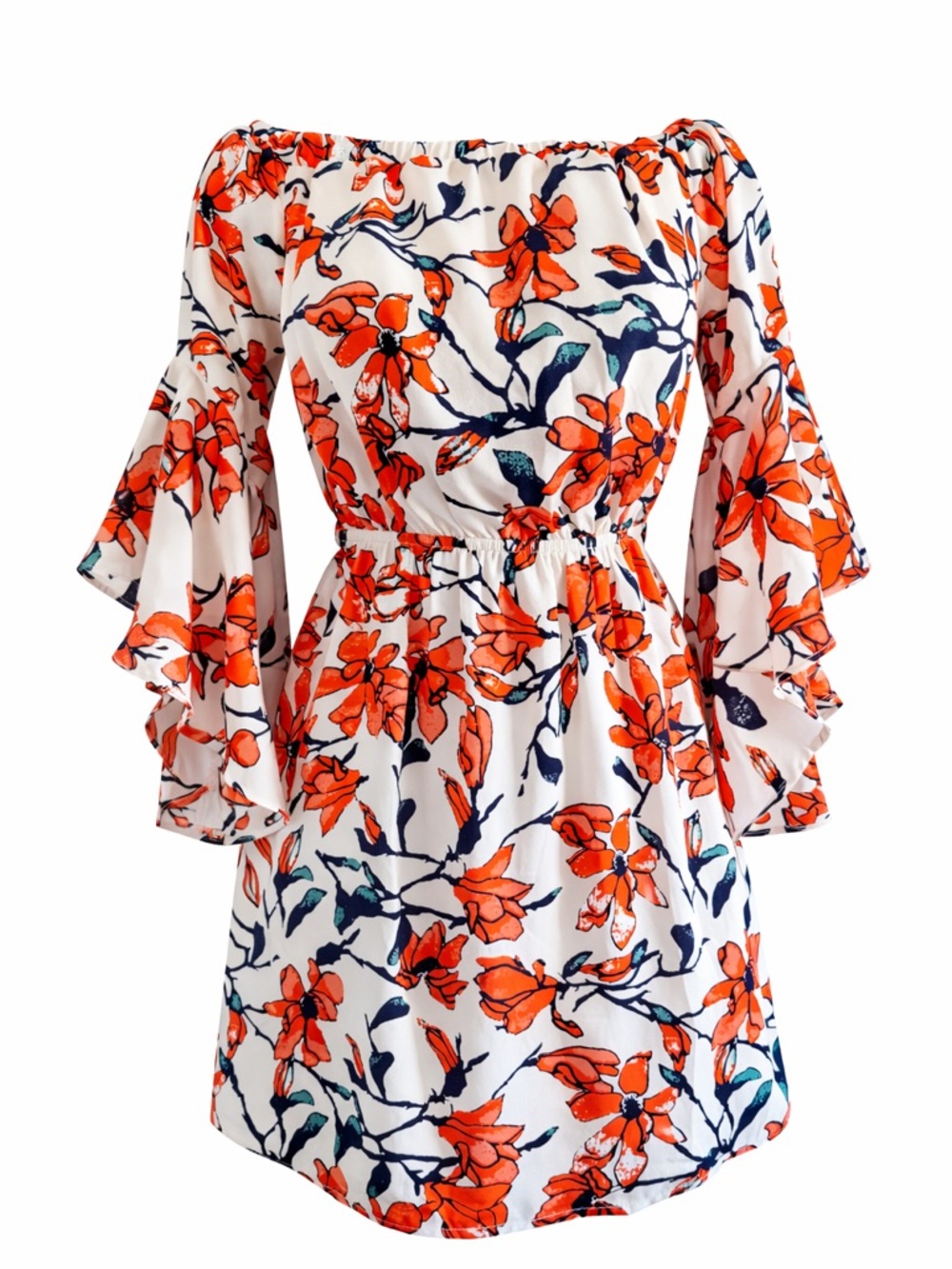 Off-Shoulder White & Orange Floral Dress – Women’s Size S (Like New)